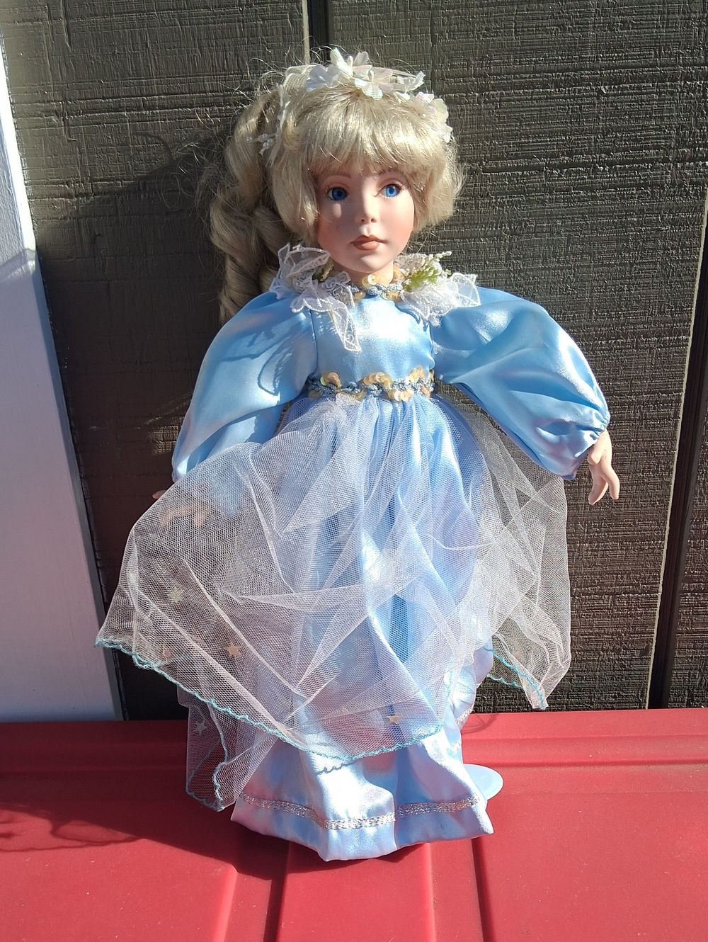 Porcelain Dress-Up Doll in Light Blue with Tulle Overlay
